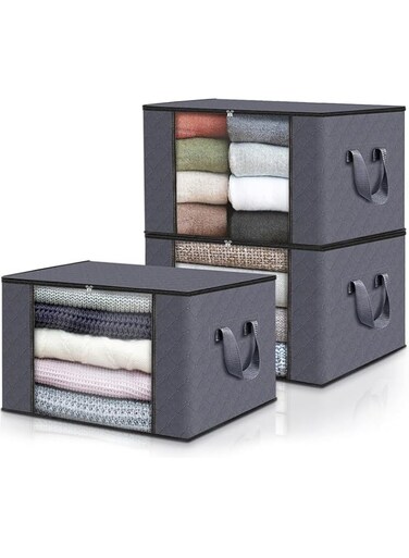 YLMKDE 3-Pack Clothes Storage, Foldable Blanket Storage Bags, Storage Containers for Organizing Bedroom, Closet, Clothing, Comforter, Organization and Storage with Lids and Handle, Grey