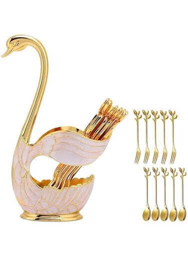 Arabest Dessert Spoon and Fork Holder, Fruit Dessert Flatware Swan Base with 5 Forks and 5 Spoons, Holder Spoon Organizer, Coffee Dessert Sugar Flatware (Gold, Swan Base with cutlery)