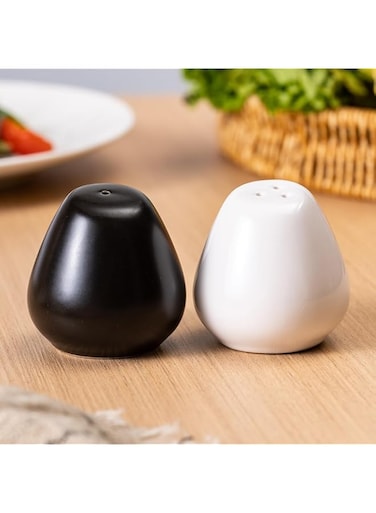 Tazweeq 2Pcs Ceramic Salt and Pepper Shakers Set 2oz Farmhouse Style, Vintage Cute Mini Salt Shakers, Glossy White and Matte Black, Perfect for Compact Cooking, Travel, Kitchen and Resturant Decor