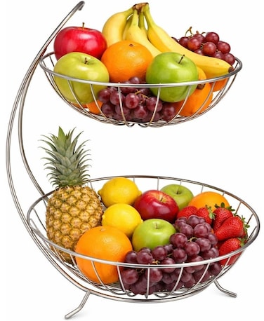 Premium 2-Tier Steel Fruit &amp; Vegetable Basket   Kitchen &amp; Dining Table Organizer   Multipurpose Onion &amp; Fruit Bowl Stand   Silver