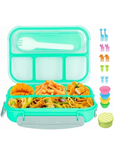 Delissie Bento Lunch Box For Kids School,Adult Lunch Box, 4 Compartment 1300 ml, Meal Container,Food Container with Fork Spoon,Sauce cup and accessories,Tiffin Box for Adult/Kids/Toddlers (Sea Green)