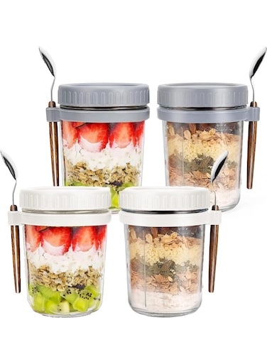 4Pcs Glass Jars Overnight Oats Container with Lid and Spoon Overnight Oats Jars 350ml 10 oz Cereal Milk Vegetable and Fruit Salad Storage Container with Measurement Marks
