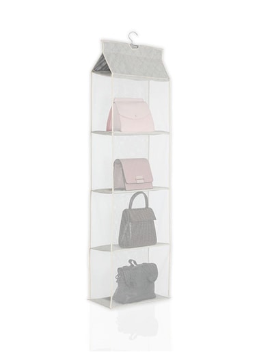 Hanging Handbag Purse Organizer for Closet, Purse Bag Storage Holder for Wardrobe Closet with 4 Shelves Space Saving Purse Organizers System Cream White