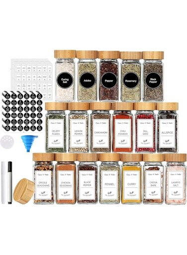 MahMir&reg; 24 Pcs Spice Jars with Labels - 4 oz Glass Spice Jars with Bamboo Lids, 120 Labels Stickers, Shaker Lids, Collapsible Funnel, 2 Pens, . Storage Bottles for Spice Rack, Cabinet, Drawer