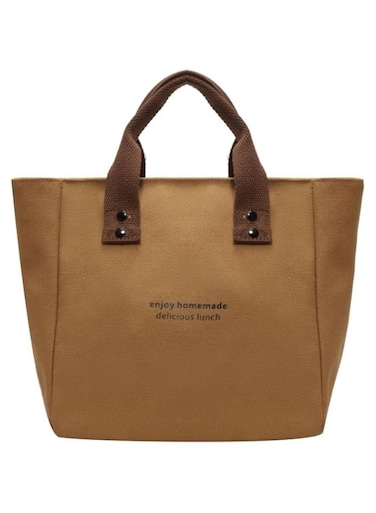 Canvas Tote Bag, Brown Handle, Casual Carry-All with Text Print, Khaki
