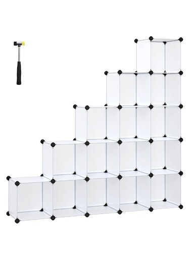 16-Cube Storage Unit, Shoe Rack, DIY Shelving System, Stackable Cubes, PP Plastic Shelf, Wardrobe, Closet Divider, for Bedroom, Office, 31 x 153 x 153 cm, White