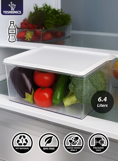 6.4L Refrigerator Storage Box T114626 Large PET Fridge Organizer with Lid   Multi-Purpose Food Container for Fruits, Vegetables, Pantry, Freezer   BPA-Free, Durable, Clear Plastic Storage Bin (29&acirc;&euro;&rdquo;21&acirc;&euro;&rdquo;10.5 cm)