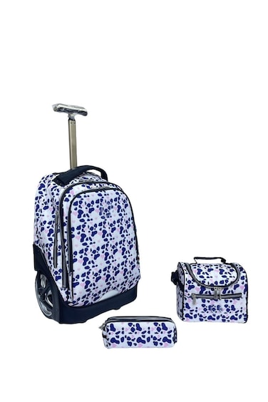 3-Piece Rolling School Set, 18-Inch Wheeled Backpack with Lunch Bag and Pencil Case, Pastel.WHITE BLUE DOT