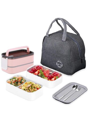 Bento Box, Stainless Steel Double Layer Lunch Box, Leakproof Lunchbox, Food Storage Box, Stainless Steel Lunch Box, Leakproof Bento Box, with Dividers for Adults Kids Men Women Teens (Pink)