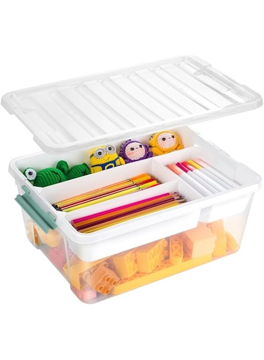 TERRIFI Plastic Storage Box with Removable Tray Caddy, Clear Art Supply and Craft Organizer Bin with Lid, Playroom Container for Lego, Beads, Crayons, Tools, Sewing, Playdoh, and Toys