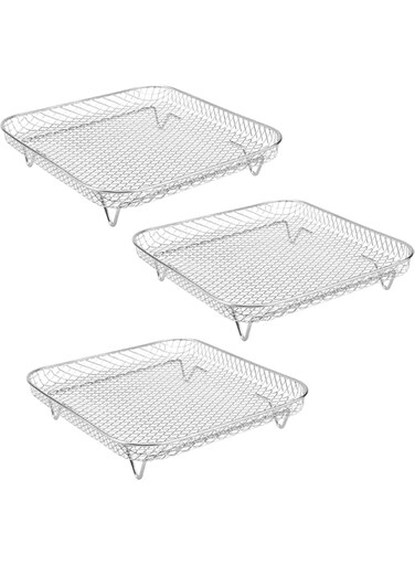 TOMVAES Air Fryer Rack, 3 Layer Stainless Steel Air Fryer Basket, Square Grilling Rack, Air Fryer Tray With Brush &amp; Clamp, Dehydrator Rack, Air Fryer Accessories, 21 * 21 * 92cm