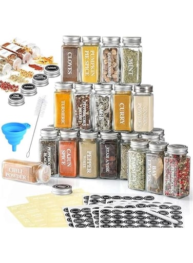 24 Pcs Glass Spice Jars with Labels - 4oz Square Seasoning Containers Spices Organizer Small Items Storage,Spices Container Set,Shaker Lids and Airtight Metal lid, Pen, Funnel,Clean Brush