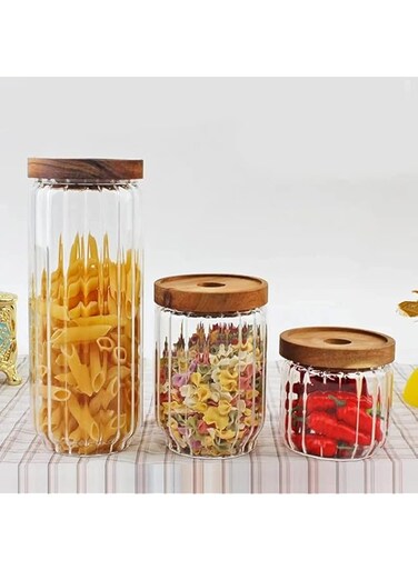 1CHASE&reg; Borosilicate Stripe Glass Food Storage Jar With Acacia Wood Air Tight Lid, Handmade Glass Canister For Kitchen Pantry Organizer, For Storing Pasta, Nuts, Coffee, Tea, Snacks, Set Of 3, (S+M+L)