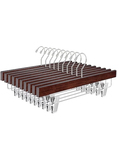 Amber Home 35.5cm Retro Wooden Pants Hangers 10pcs, Antique Smooth Wood Skirt Hanger with Adjustable Anti-Slip Chrome Clips, Walnut Brown Solid Clothes Hangers Rack for Bottoms Jeans Slacks Trousers