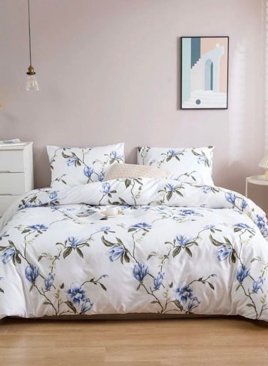Home Queen Size 6 Piece Duvet Cover Set White with Blue Flowers Bedding Set without Filler