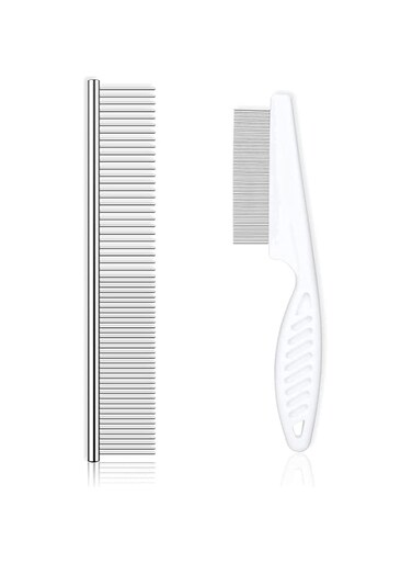 Beibi 2 Piece Cat Comb Dog Comb, Pet Flea Comb, Metal Cat Comb with Stainless Steel Teeth and Lice Comb, Pet Hair Comb for Home Grooming Kit Prevents knots and mats for long and short hair pets