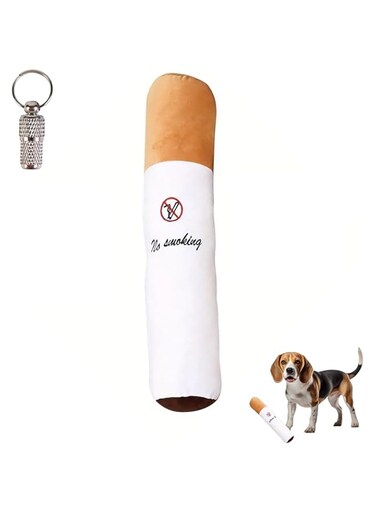 PETSARY Plush Squeaky Big Smoke CigaretteToy and 1 Pcs Pet ID Tag Gift - Fake Cigarette Shaped Interactive Chew Toy - Soft Bite-Proof Stuffed Molar Teething - Fake Cigarette Smoke Squeaker Sound Brown