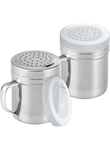 Khazna Seasoning Bottle, Stainless Steel Dredge Shaker with Lid and Handle Salt and Pepper Shakers Seasoning Pepper Shaker Spice Condiment Shaker for Cooking Kitchen Baking Salt Candy 2 Pieces 345ml