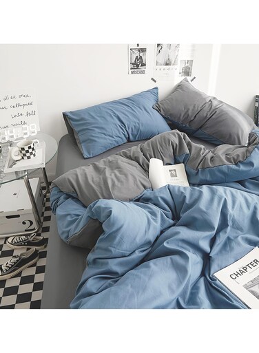Duvet Cover Set Queen Size 4 Pcs, Include 1 Quilt Cover 200 x 230cm &amp; 2 Pillow Cases 48 x 74cm &amp; 1 Bedsheet 235 x 250cm, Super Soft Quality Cotton Bedding Set, NO Comforter - Blue Grey