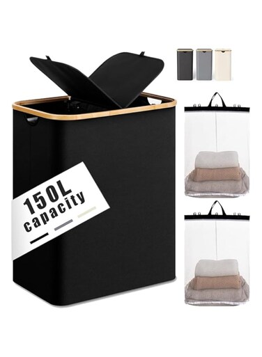 150L Large Laundry Basket with Double Compartment - Foldable Oxford Fabric Hamper with Dustproof Lid &amp; Bamboo Handles for Clothes, Toys, Towels - Space-Saving - (Black, 14.5"L x 22.4"W x 27.1"H)
