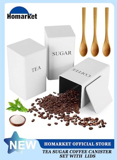 3 Pack Coffee Tea Sugar Container Set White Iron Square Kitchen Canister Set with 3 Bamboo Spoon and Name Marker Sugar Organizer 3PCS Kitchen Storage Jars, Tea Storage Box, Coffee Storage Jars