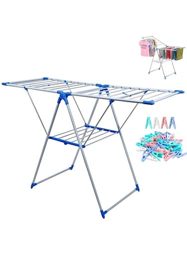 Clothes Drying Stand +20 Clips منشر غسيل قابل للطي with Adjustable Folding Wings Clothes Hanger Stand Drying Rack clothes rack, Clothes Rack for Drying Clothing (White &amp; Blue)