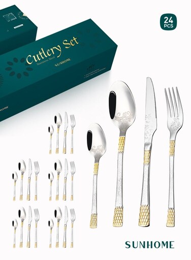 24-Piece Stainless Steel Cutlery Set Kitchen Utensil Set Western Tableware Suitable For Home Kitchen Restaurant Hotel Party Dining Picnic Dining Exquisite Packaging Gift