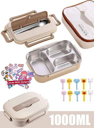 Stainless Steel Lunch Box for Kids &amp; Adults 1000ml Leakproof 3 Compartment Metal Lunch Container - Stainless Steel Bento Box Ideal for School Office &amp; Outdoor Dishwasher Safe (Khaki)