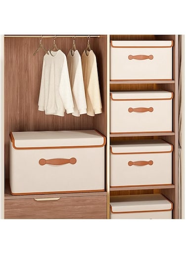 WEKOTEE 2 Pack Storage Bin with Lid Storage Boxes with PU Leather Handles PP Plastic Board Decorative Foldable Lidded Cotton Linen Fabric Home Cubes Baskets Closet Organizer Container (65-01M)