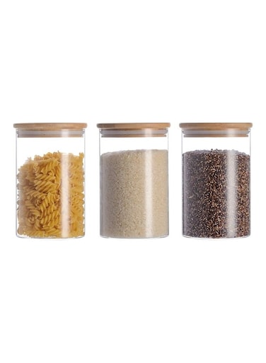 3-Piece Food Storage Glass Jar with Bamboo Airtight Lid Clear 950ml