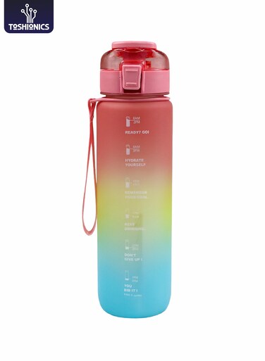 1000ml Motivational Sports Water Bottle with Time Markers, One-Touch Lid, Flip-Top Spout, Integrated Straw, Dual Carry Strap Design and Cute Free Stickers - BPA-Free, Leak-Proof Lid, Eco- Friendly, Plastic, Reusable, Drink Reminder Water Bottle for Adults and Kids in School, Office, Daily Hydration, Gym, Fitness, Outdoor, Sports and Travel, 32oz Bottle