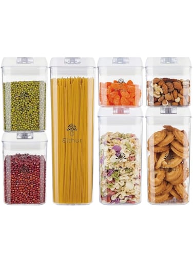 Elthur (Ship from UAE) Airtight Food Storage Container set with Sticker labels, 7 Piece set Kitchen Leak Proof BPA Free Plastic Durable Containers with Stickers and Marker, white (Set of 7)