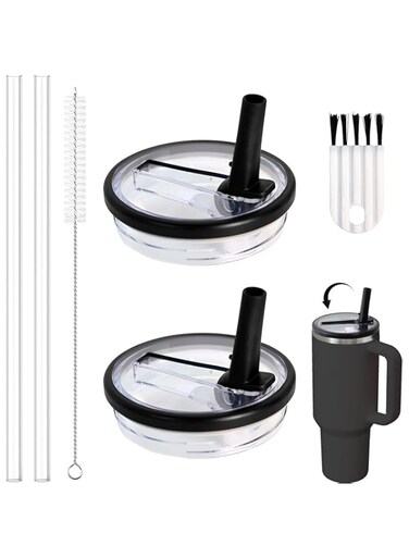 Beynant 2 Pcs 40 OZ Tumbler Flip Straw Lid Fit for Stanley Quencher, Leakproof Replacement Tumbler Lids, Splash Resistant Tumbler Covers with Straws and Brush for Stanley Cup Accessories