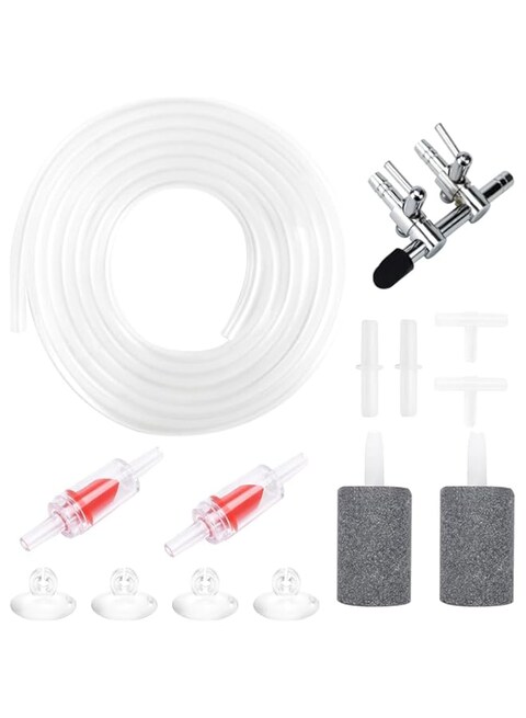 KWSLIN Aquarium Air Pump Accessories Set, Air Stone Cylinders, 2-Way Air Pump Splitter, 4 Meter Airline Tubing, Suction Cups Connectors and Check Valves for Fish Tank Pond Aeration Setup