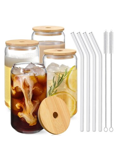 Glasses with Bamboo Lids and Glass Straw 4pcs Set - 16oz Can Shaped Glass Cups, Mocktail Glasses, Iced Coffee Glasses, Cute Tumbler Cup, Ideal for Cocktail,Gift - 2 Cleaning Brushes