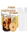 Glasses with Bamboo Lids and Glass Straw 4pcs Set - 16oz Can Shaped Glass Cups, Mocktail Glasses, Iced Coffee Glasses, Cute Tumbler Cup, Ideal for Cocktail,Gift - 2 Cleaning Brushes