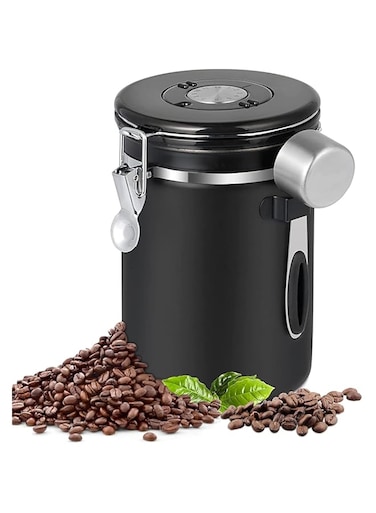 SeeWonder Stainless Steel Airtight Coffee Container With Date Tracker And Scoop, 22oz, Black