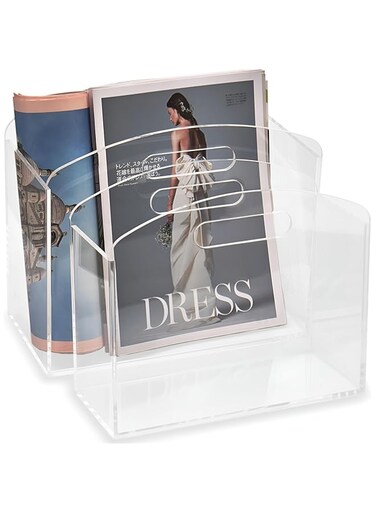 Meicloud Clear Acrylic Magazine Holder - Curved Edge Magazine Rack with Handles, Modern Acrylic File Organizer, Magazine Display Basket for Bathroom, Bedroom, Living Room and Office (Set of 2)