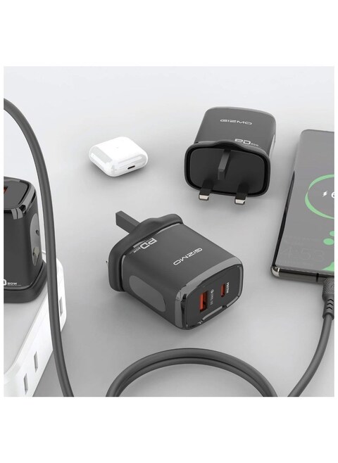 شاحن حائط جيزمو ثنائي المنفذ بتقنية QC3.0 + PD 20W، يدعم الشحن السريع PD 20W، منفذ USB-A و USB Type-C لتوصيل الطاقة السريع، أسود/برتقالي
