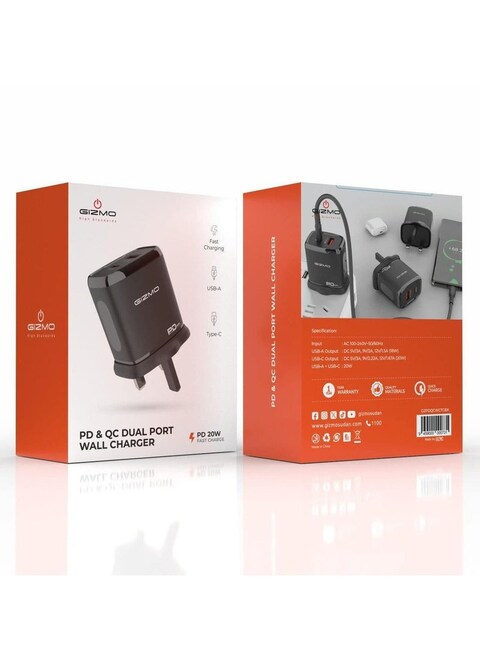 شاحن حائط جيزمو ثنائي المنفذ بتقنية QC3.0 + PD 20W، يدعم الشحن السريع PD 20W، منفذ USB-A و USB Type-C لتوصيل الطاقة السريع، أسود/برتقالي
