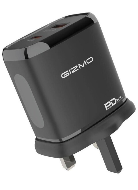 شاحن حائط جيزمو ثنائي المنفذ بتقنية QC3.0 + PD 20W، يدعم الشحن السريع PD 20W، منفذ USB-A و USB Type-C لتوصيل الطاقة السريع، أسود/برتقالي
