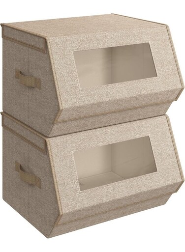 Stackable Storage Bins Set Of 2, Storage Boxes With Lids And Front Windows, Non-Woven Fabric Closet Organizers With Magnetic Closures, Side Handles, Sand Beige 35 x 38 x 25 cm