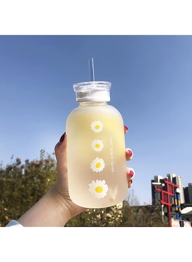 KASTWAVE Cute Water Bottle, 480ml Milk Juice Cute Water Bottle with Scale 1 Lids Little daisy Matte Portable Transparent Water Cup Grass Bottles Creative Handy Cup for Boy and Girls (Matte 4 flower)