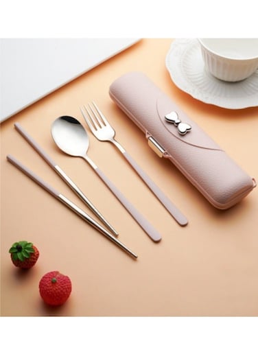 Cutlery Set 304 Stainless Steel Spoon Fork Chopsticks Set With Bow Storage Box Pink