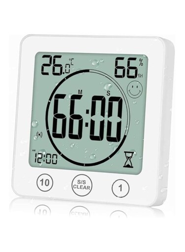 Timer Waterproof for Shower, Bathroom Wall Clock Battery Operated with Suction, Large Countdown Visual Timer for Kids, Digital Outdoor Hanging Clock with Temperature and Humidity Display (White)