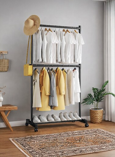 Double Rod Clothing Rack Convertible Dual Layer Clothes Drying Stand Garment Organizer Open Armoire with 2 Tier Hanger Rails and Bottom Storage Shelf, Strong 22mm Steel Pipes, 40kg Load Large Capacity Featuring Two Horizontal Bars for Hanging Clothes, Laundry Room, Balcony, Bedroom Sheets, Quilts, Blanket, Coats, Skirts, Shirts, Hats, Sweaters Holder 76x42x180cm