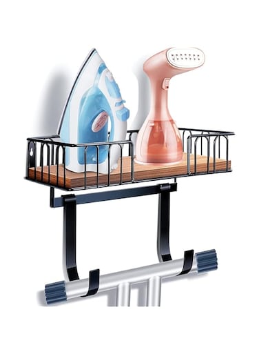 Gluckluz Ironing Board Hanger Wall Mount Adjustable Metal Iron Holder Shelf T-Leg Ironing Board Storage Rack Organizer with Large Wooden Base &amp; Removable Hooks for Home Laundry Room Bathroom Hallway