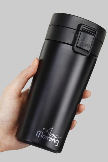 Morning Vacuum Insulated Coffee Mug 380ml, Double-Layer Stainless Steel, Leak-Proof, Button Lock Lid, Steel Filter, Thermos Mug