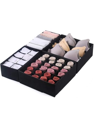 STORESLA&trade; 4 PCS Drawer Organizer, Wardrobe Clothes Storage Organizer Box, Underwear Bra Organiser Closet Drawer Divider for Skirts Socks Bras Panties &amp; Scarf (BLACK)