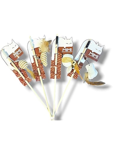 4 PCS Wooden Cat Teaser Wand with Feather Tail, Elastic String, Interactive Mice Toy for Indoor Cats, Wooden Stick with Feather Toys, Different Mouse Styles, for kittens &amp; adults cats